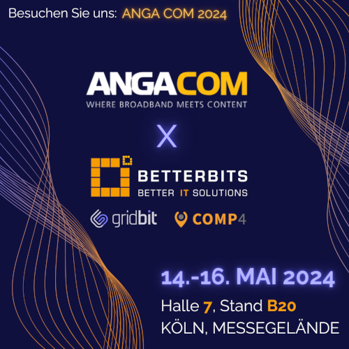 Diese Grafik kündigt die Teilnahme von Betterbits bei der AngaCom Messe in Köln an.